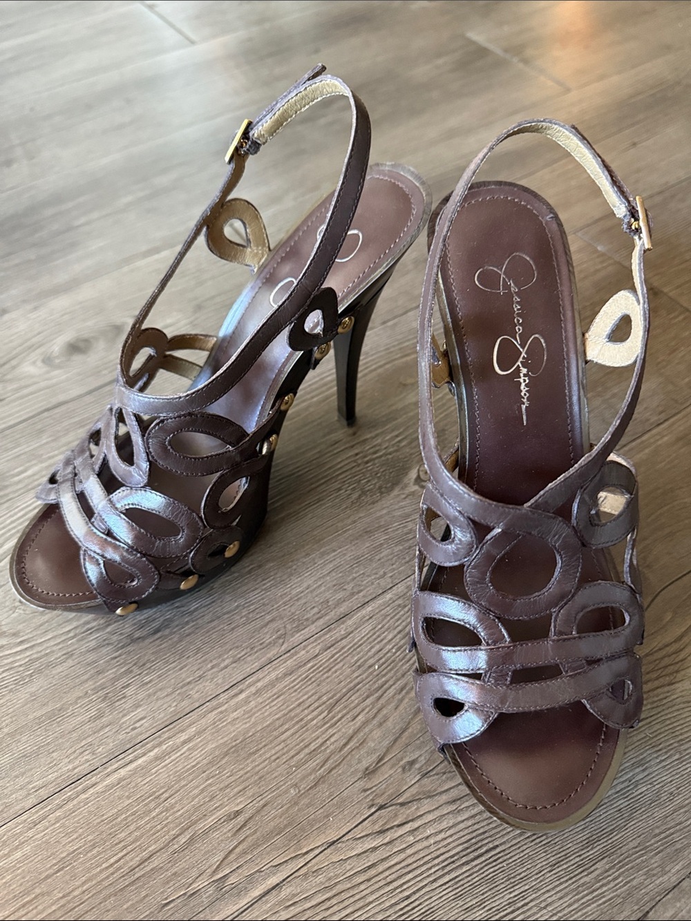 Jessica Simpson Chocolate Brown Leather Cutout Slingback Heels